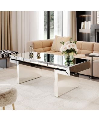 47 Inches Luxury Rectangular Mirror Coffee Table with Fluted Tempered Glass, Modern Sofa Side Table, Easy 2-Step Assembly