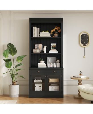 Elegant Glass Door Bookcase with Shelves and Drawer