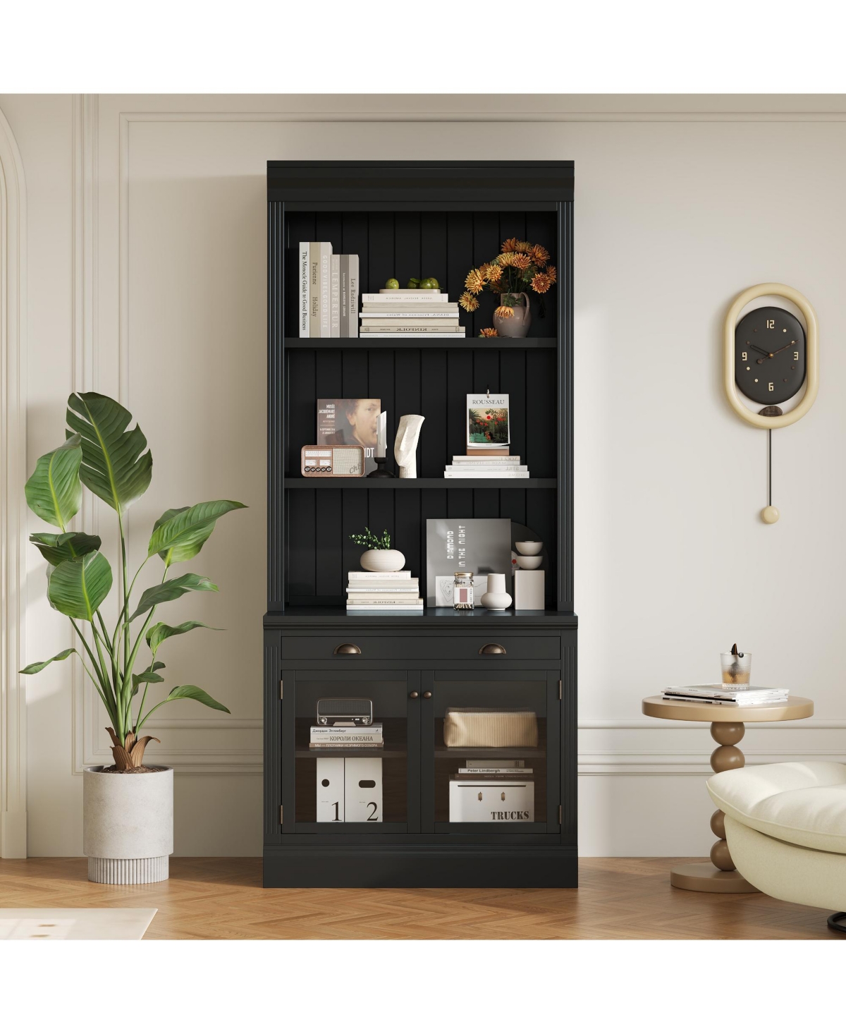 Lovmor Elegant Glass Door Bookcase with Shelves and Drawer