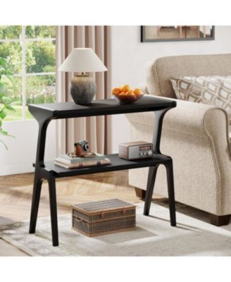 Solid Wood End Table, 2-Tier Modern Slim Couch Side Table with Storage Shelves, Black