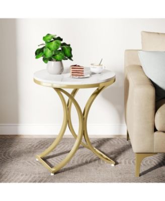 2PCS Round Side Table Faux Marble Top Gold Metal Legs