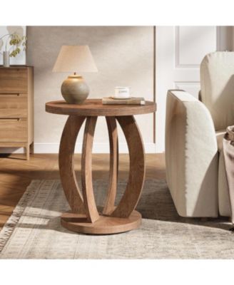End Table, Round Side Table with Storage, Farmhouse Nightstand Bedside with Round Tabletop