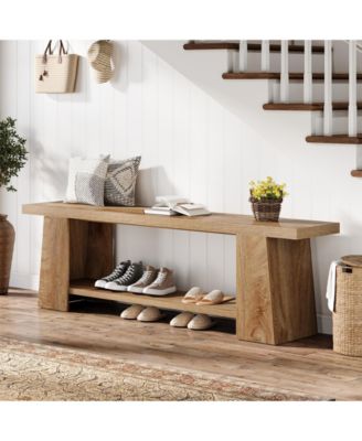 Modern Bedroom Bench with Storage Shelf, Solid Wood Entryway Bench