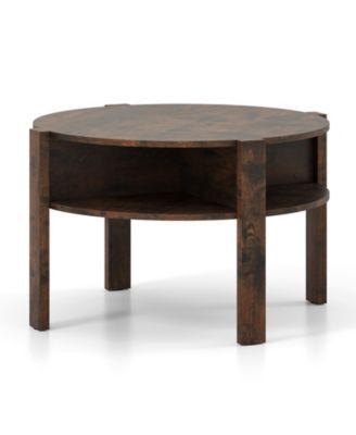 29.5'' 2-Tier Round Coffee Table w/ Storage 4 Shelves Faux Wooden Top