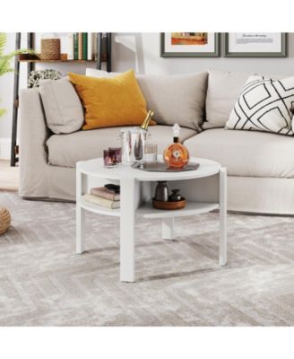 29.5'' 2-Tier Round Coffee Table w/ Storage 4 Shelves Faux Wooden Top