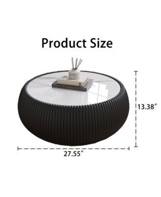 27.55" Modern Drum-Shaped Coffee Table with PU Leather and Marble Top
