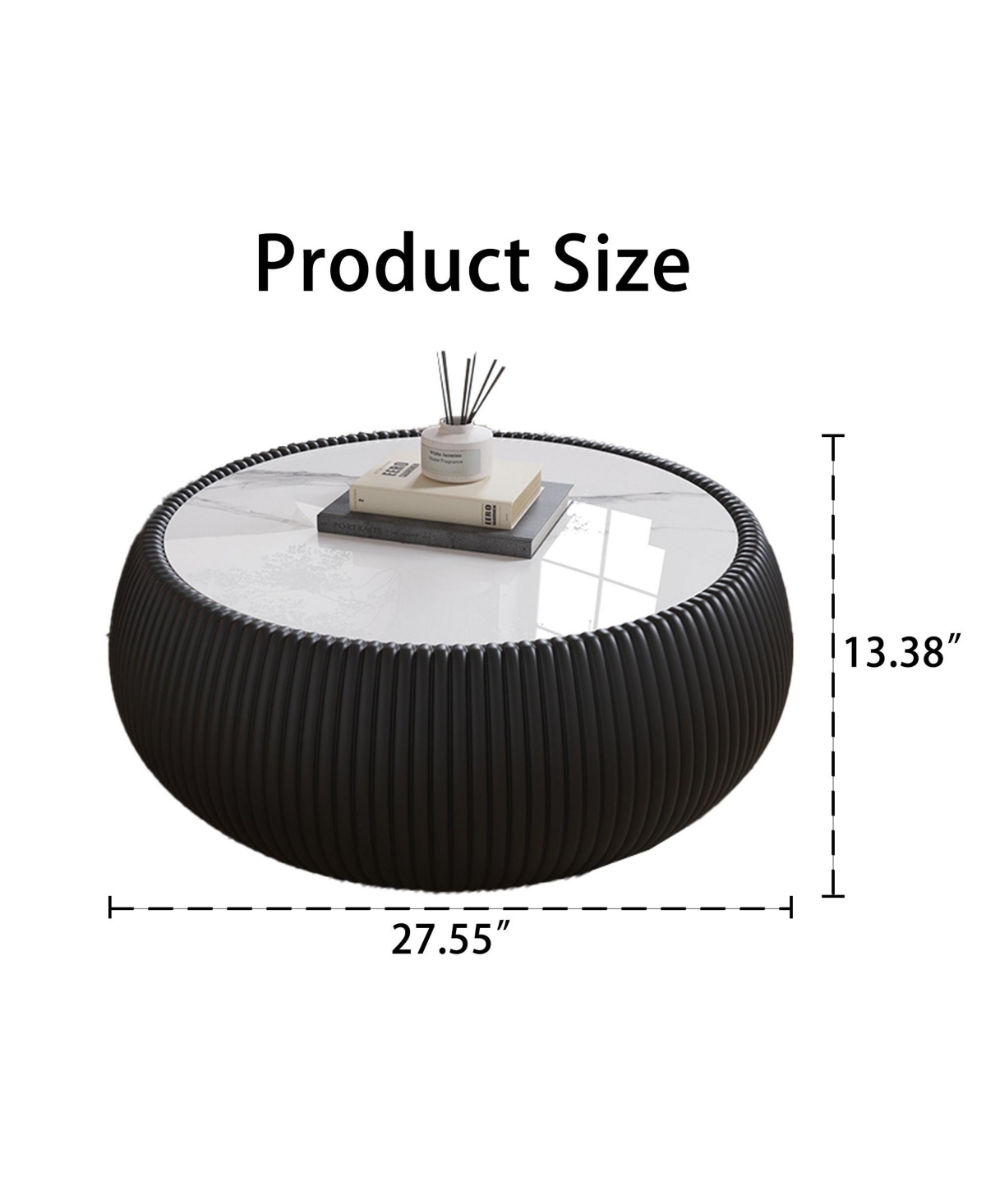 Boyel Living 27.55" Modern Drum-Shaped Coffee Table with Pu Leather and Marble Top