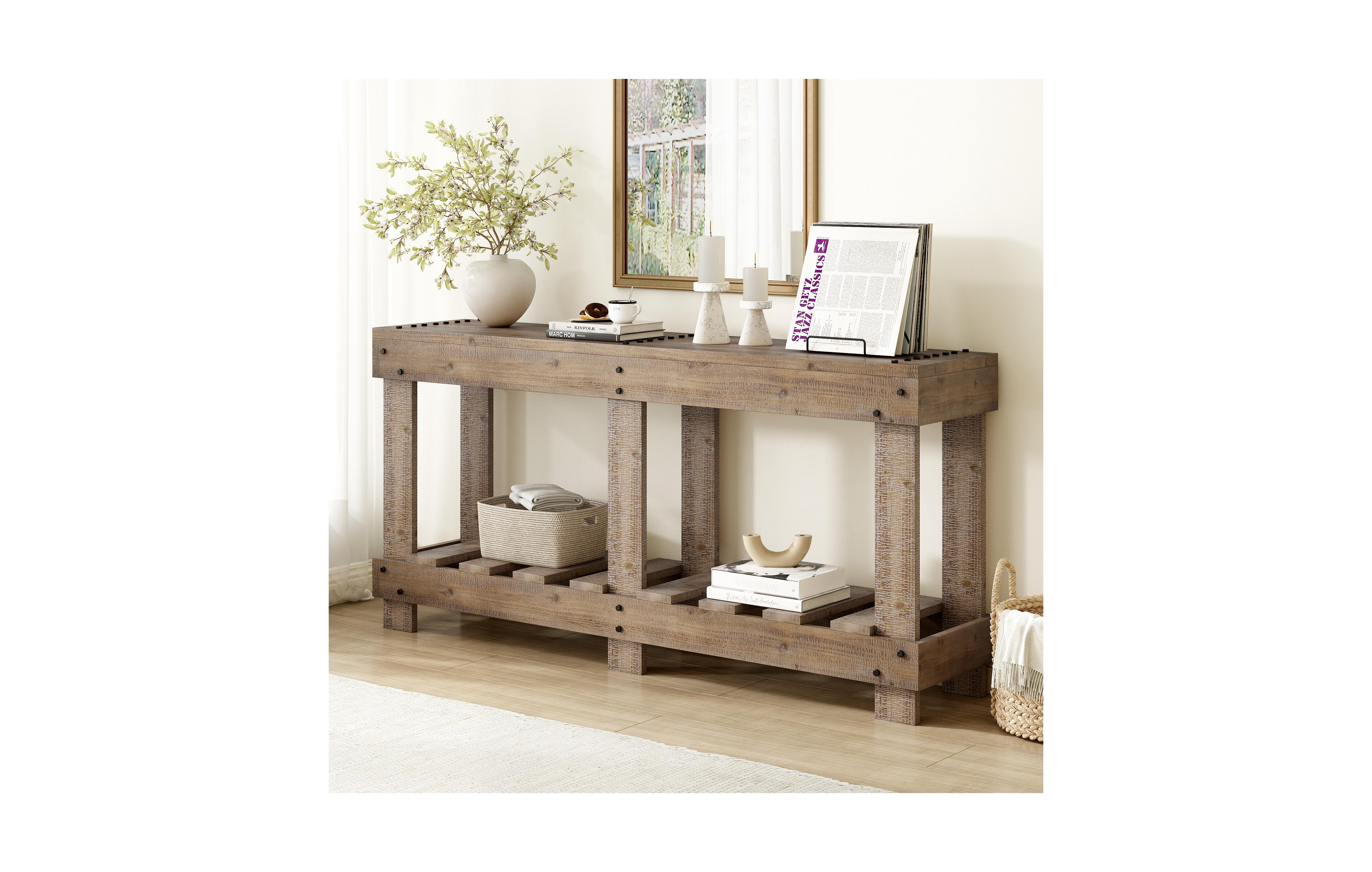 Lovmor 62.9" Vintage Entryway Table , 6 Reinforced Legs & 4.5" Thick Desktop, Metal Rivet Decor & Plank Under-Shelf, Console Table