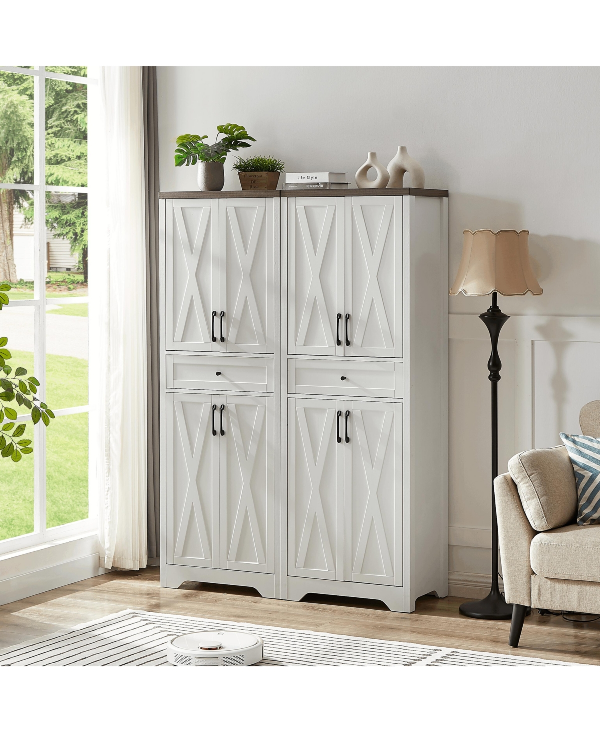 Lovmor Luxurious Tv Stand Set with 66 Inch Console Pier Units Overhead Bridge and Multifunctional Cabinet Space