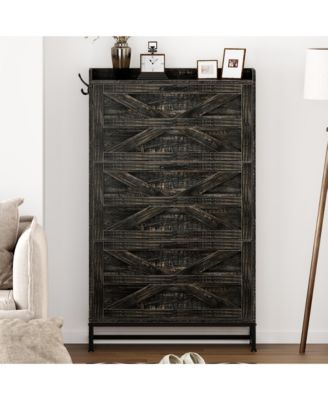 Ultra Slim Shoe Cabinet 2 Drawer Entryway Storage Rack Narrow Rustic Brown