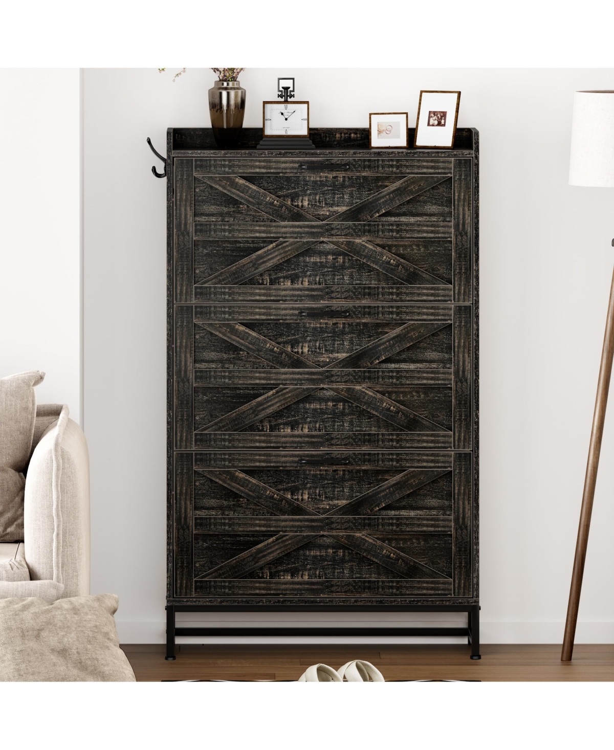 Lovmor Ultra Slim Shoe Cabinet 2 Drawer Entryway Storage Rack Narrow Rustic Brown