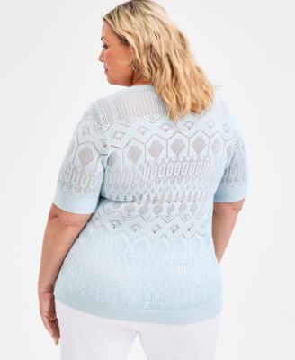 Plus Size Metallic Pointelle Knit Elbow-Sleeve Sweater
