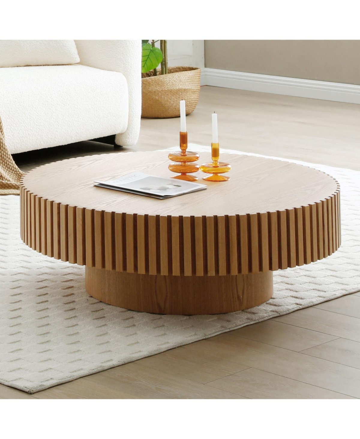 Streamdale Furniture 35.43" Round Wood Coffee Table for Living Room, Modern Handcraft Drum Table.