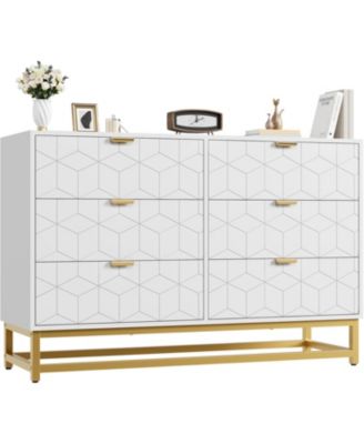 47.2" Wide Modern 6 Drawer Dresser, Wide Chest with Gold Metal Legs & Handles, Wood Storage Organizer for Bedroom, Living Room