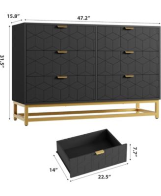 47.2" Wide Modern 6 Drawer Dresser, Wide Chest with Gold Metal Legs & Handles, Wood Storage Organizer for Bedroom, Living Room
