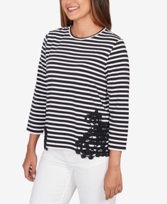 Petite Stripe Cotton Lace Applique Top