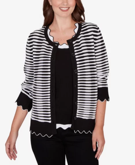 Petite Scallop Trim Striped Button Cardigan Sweater - Black/White