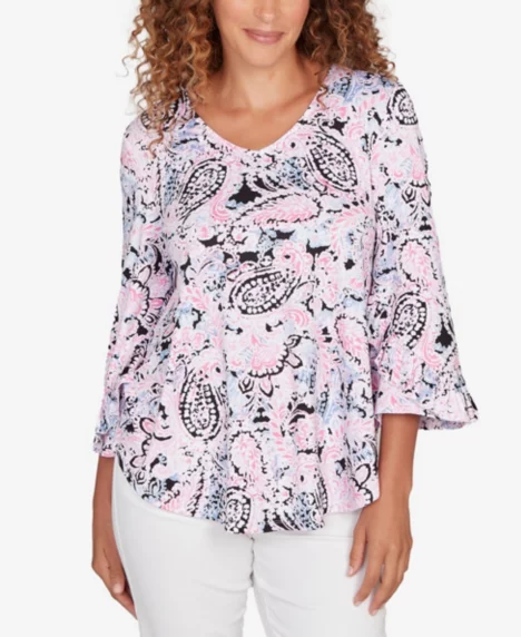 Petite Paisley Ruffle Sleeve Knit Top - Hydrangea Multi