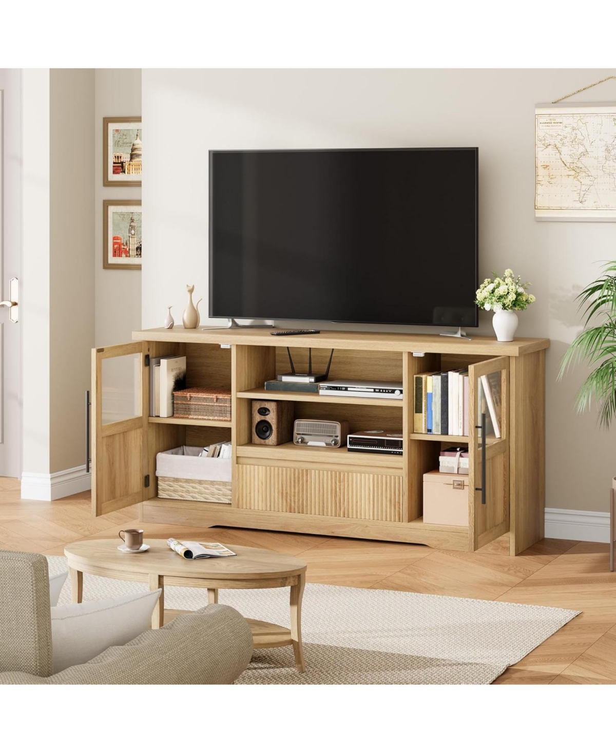 gaomon 72" Tv Stand, Farmhouse Entertainment Center with Wave Pattern, 2 Glass Door Cabinets & Open Storage, Media Console