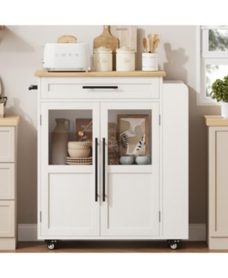 42" Kitchen Island Cart with Solid Wood Top, Drawer, 3-Tier Shelves, Locking Wheels, Glass Doors