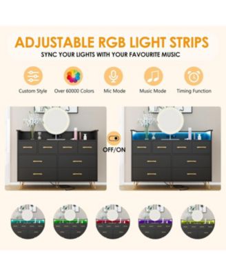 Black Dresser with Power Outlet and LED Lights, Wood 8 Drawer Dresser