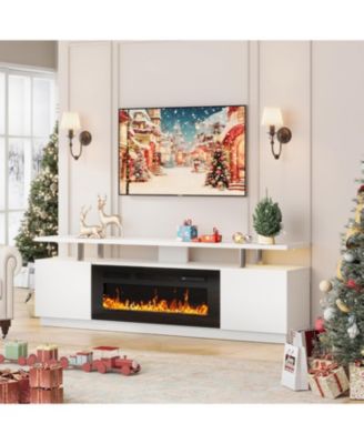 80" TV Stand with 36" Electric Fireplace, 12 Flame Colors, Glass Shelves, Storage Cabinets, White Finish