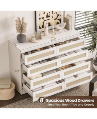  8 Drawer Natural Dresser for Bedroom, Modern Farmhouse Chest with Slim Wood Frame, Space-Saving TV Stand