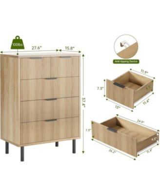Oak Fluted 5 Drawer Dresser, Modern Chest with Wide Drawers, Metal Legs, for Bedroom, Entryway, Hallway