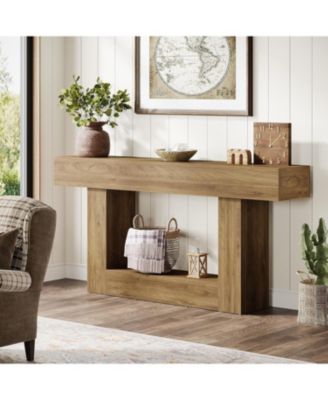 63" Console Table, Farmhouse 2-Tier Entryway Table with U-Shaped Base, Light Brown