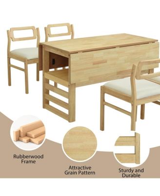 5-Piece Extendable Dining Table Set with Drop Leaves and Storage Shelf, Space-Saving Kitchen Table and Upholstered Chairs