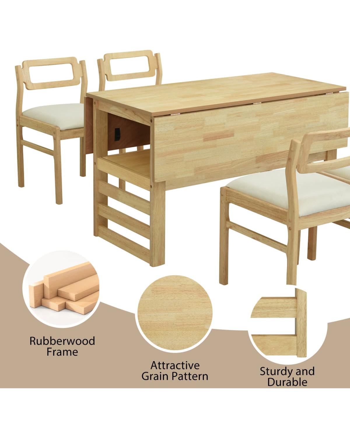 Maison Boucle 5-Piece Extendable Dining Table Set with Drop Leaves and Storage Shelf, Space-Saving Kitchen Table and Upholstered Chairs