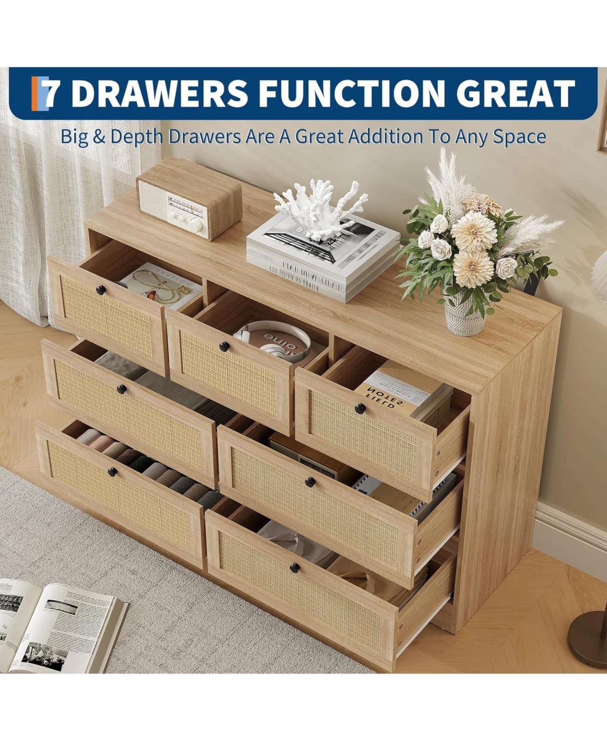 gaomon Rattan 7 Drawer Dresser for Bedroom Farmhouse Modern Dressers Chests of Drawers Storage Organizer