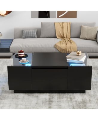 LED Coffee Table – Modern High-Gloss Center Table with Glass Top, Open Storage & 2 Hidden Drawers