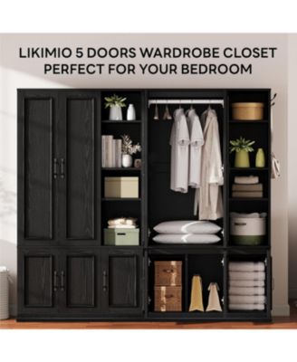 Black Armoire Wardrobe Closet 70" H, 5 Doors Bedroom Wooden Wardrobe with 4 Storage Shelves and Hanging Rod