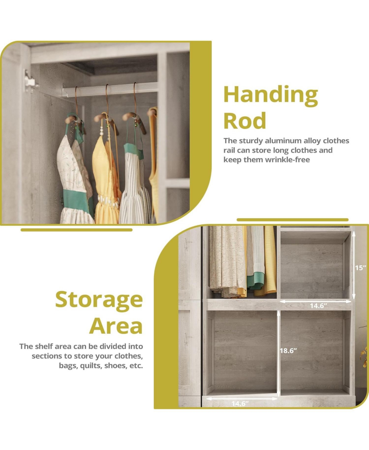 Likimio Rustic White Large Wardrobe Closet with Hanging Rod and 2 Doors