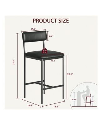 Bar Stools Set Of 2, Counter Height Bar Stools With Footrest, PU Leather Kitchen Barstools, Bar Chairs For Kitchen Island