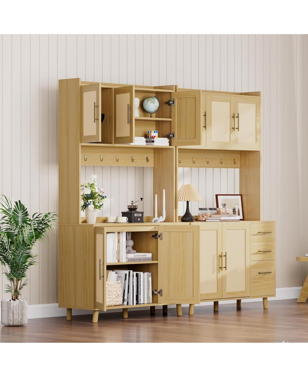 Gaomon 71" Kitchen Pantry Cabinet with Rattan Doors, 3 Drawers, 6 Hooks & Adjustable Shelves – Freestanding Storage Buffet, Natural