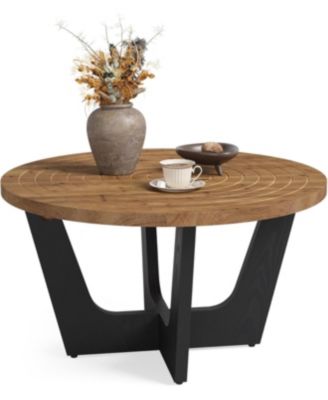 Round Solid Wood Coffee Table, Farmhouse 31.5" Small Center Tea Table with Ring Groove