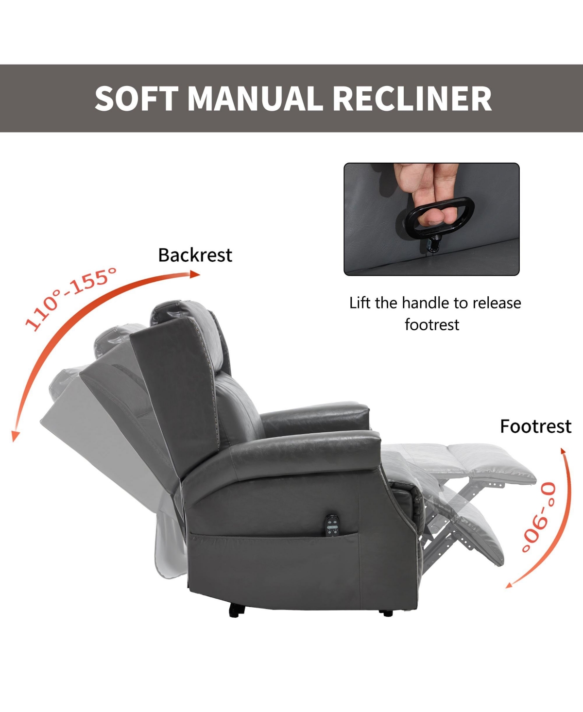 Boyel Living Faux Leather Manual Recliner Chair for Room with 8 Vibrating Nodes and 155-Degree Recline