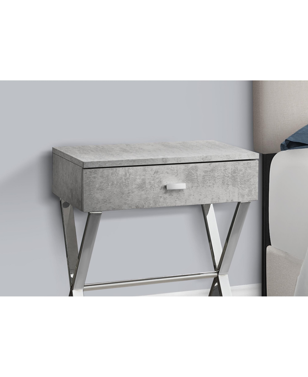 Lovmor Accent Table, Side, End, Nightstand, Lamp, Storage Drawer, Living Room, Bedroom, Grey Laminate, Chrome Metal, Contemporary