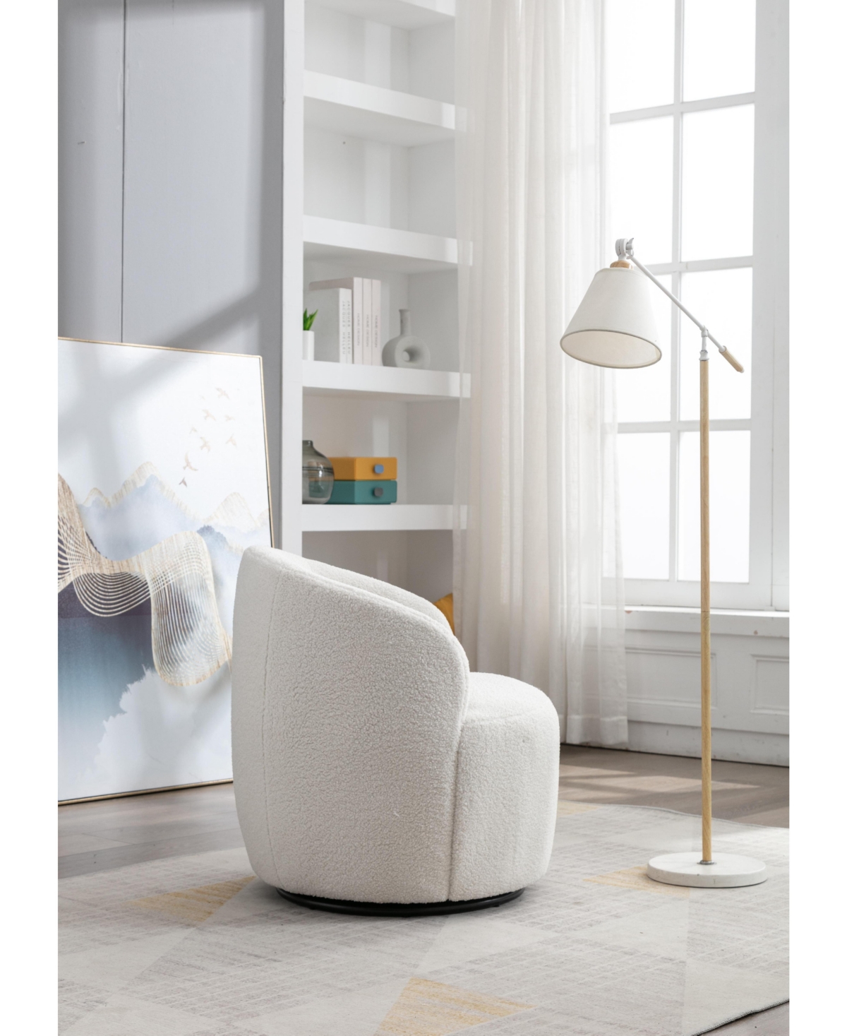 Cesicia Teddy Fabric Swivel Accent Armchair With Black Powder Coating Metal Ring