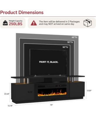 80" TV Stand with 36" Electric Fireplace, 12 Flame Colors, Glass Shelves, Storage Cabinets, Black Finish