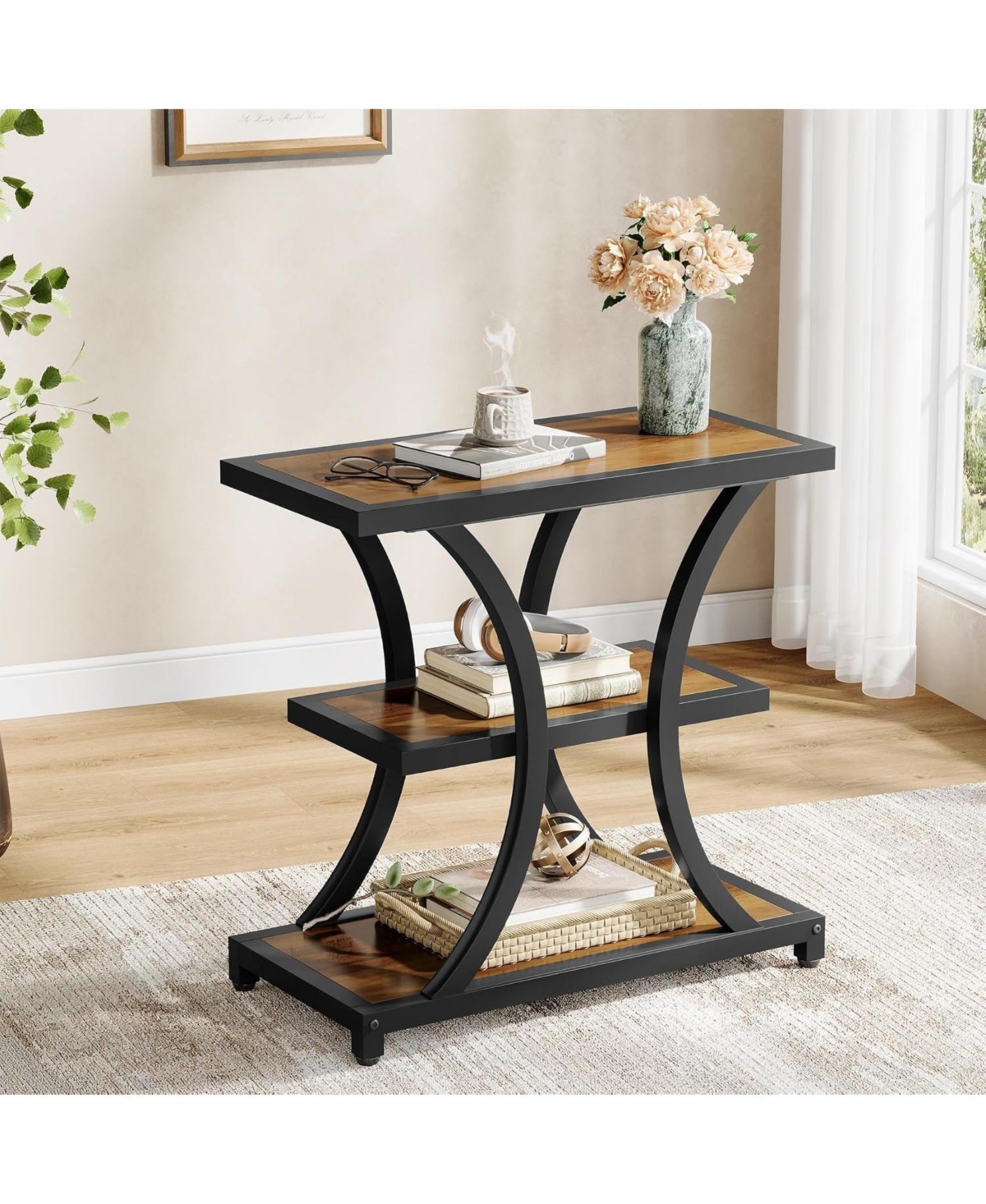 Tribesigns End Table with Storage Set of 2, 3-Tier Side Table with Geometric Metal Design, Industrial Nightstand
