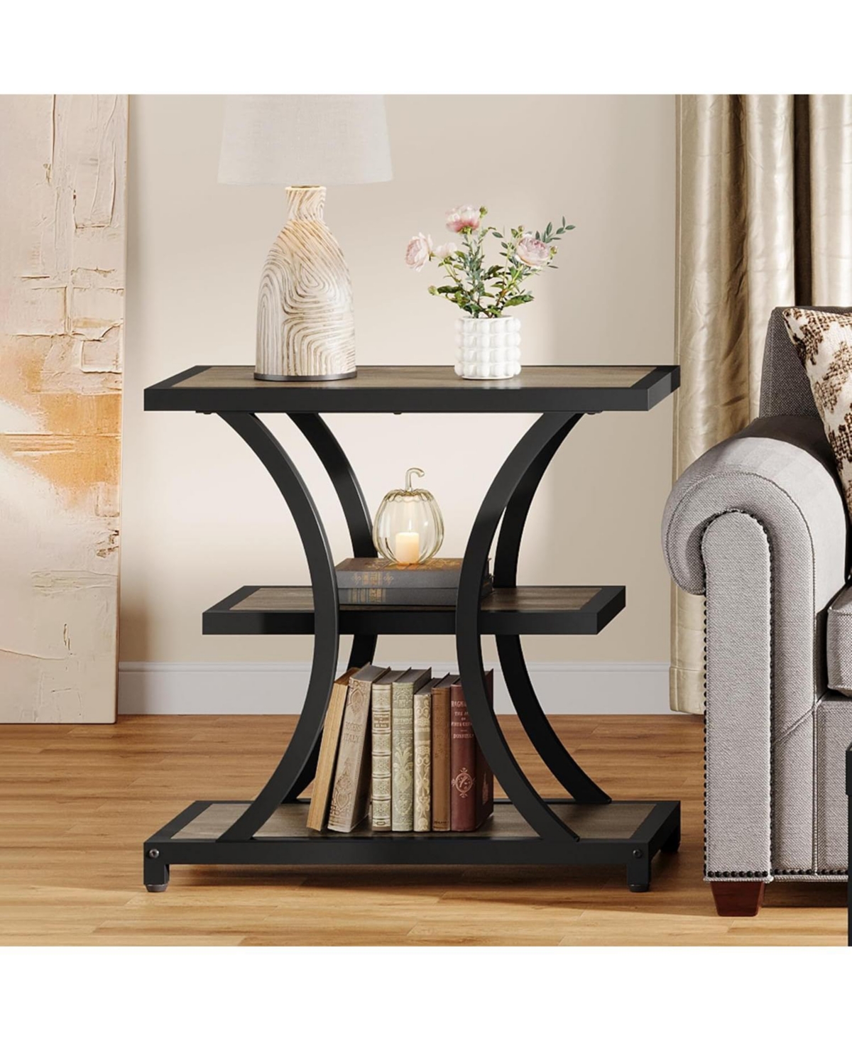Tribesigns End Table with Storage Set of 2, 3-Tier Side Geometric Metal Design, Industrial Nightstand