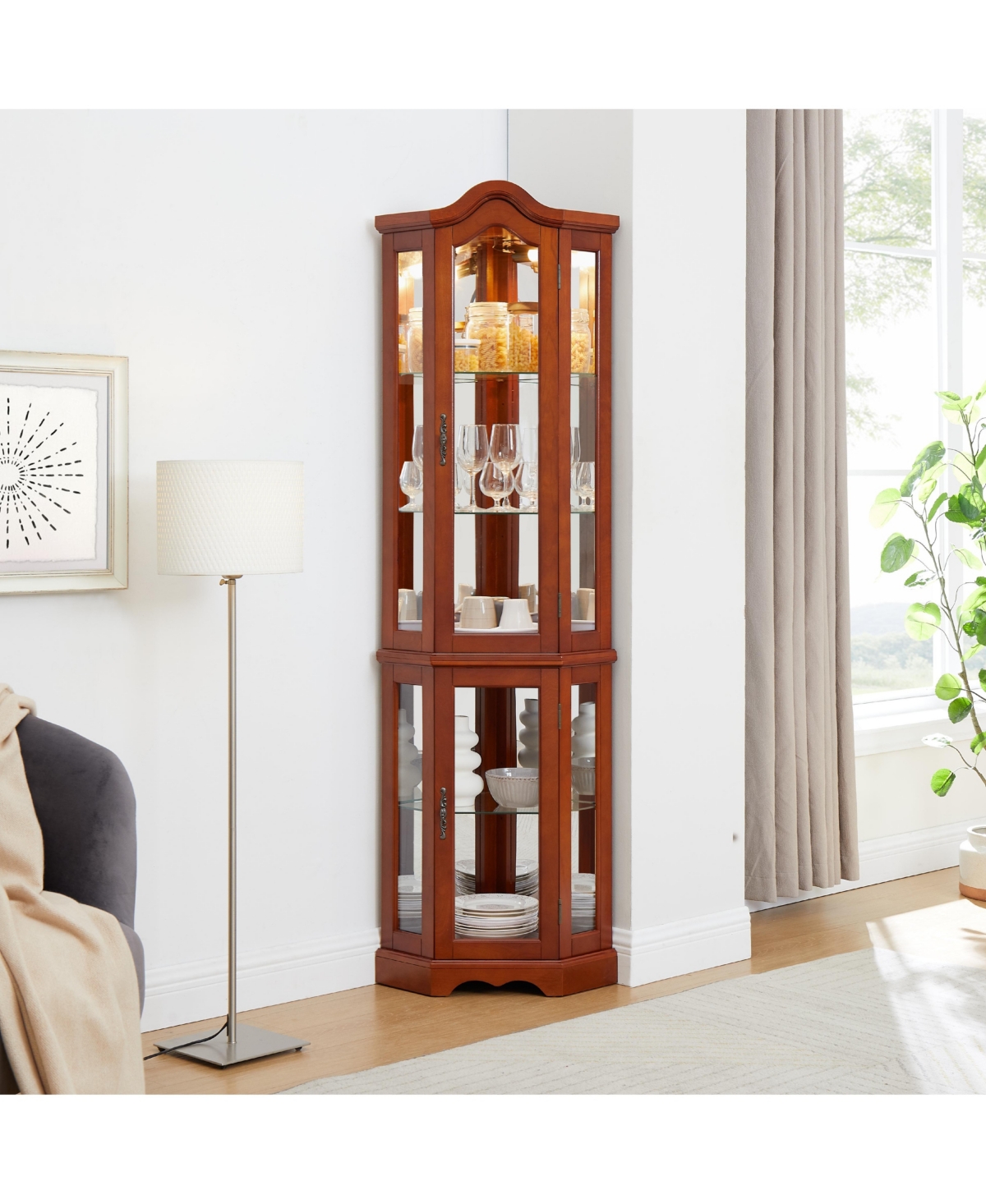 Lovmor Corner Curio Cabinet with Light System Mirrored Back Adjustable Shelves and Walnut Finish
