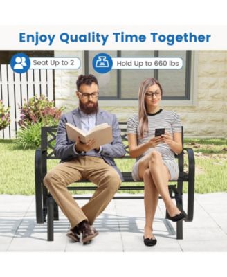 2-Person Outdoor Glider Bench with Metal Frame Armrests Geometric Backrest