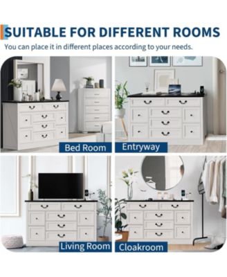 9 Farmhouse Dresser with Charging Station & Metal Handle, Wooden Tv Stand with Dressers, 9 Drawer Dressers for Bedroom Living Room Enterway