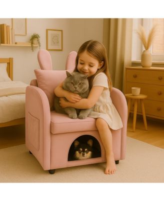 Velvet Pink Bunny-Ear Pet-Friendly Armchair with Built-in Cat & Dog Hideaway, Plush Dual-Use Sofa Chair