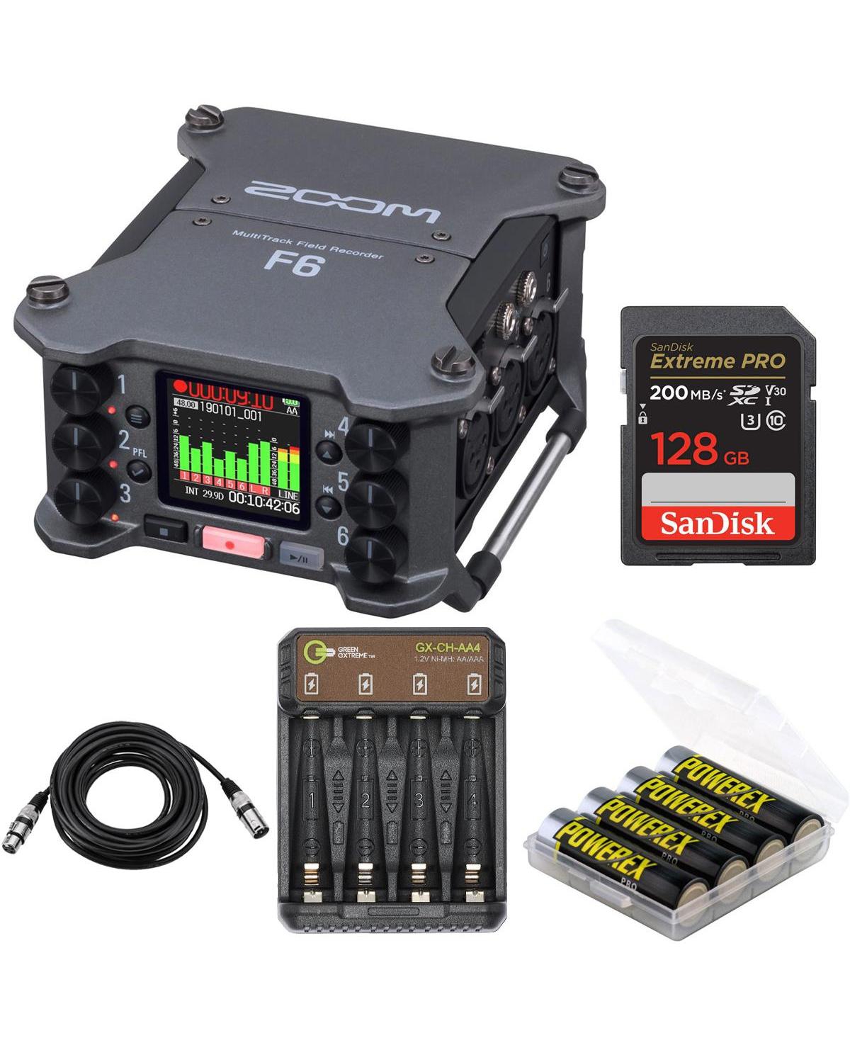 Zoom F6 Multi-Track Field Recorder, Bundle with 128GB Sdxc Memory Card, 4x NiMH Battery, 4-Bay Charger and 25' Xlr Mic Cable