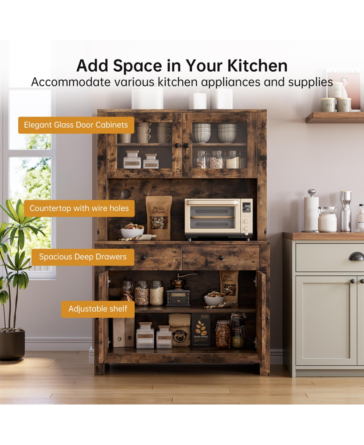 gaomon Kitchen Pantry Storage Cabinet, Freestanding Hutch Cabinet with Buffet Cupboard, Tall Cabinets Adjustable Shelves